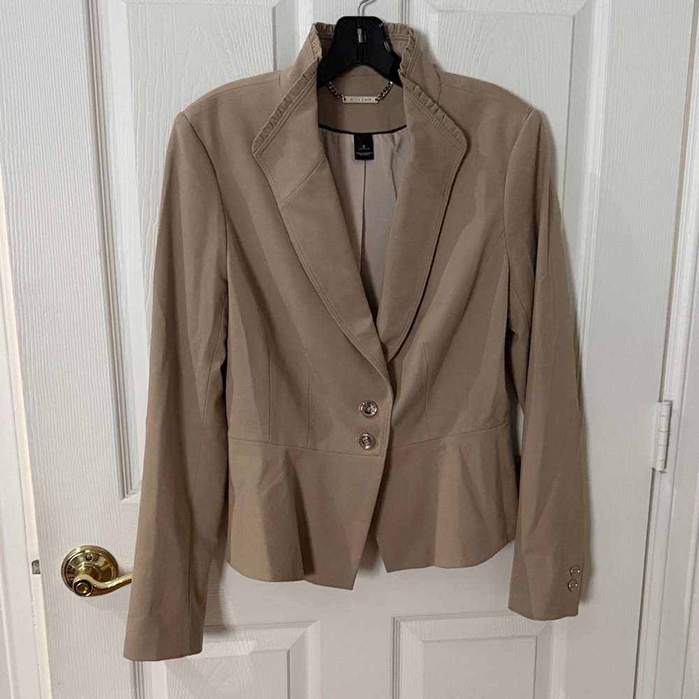 White House Black Market Beige Blazer size 8 ruffle peplum detail